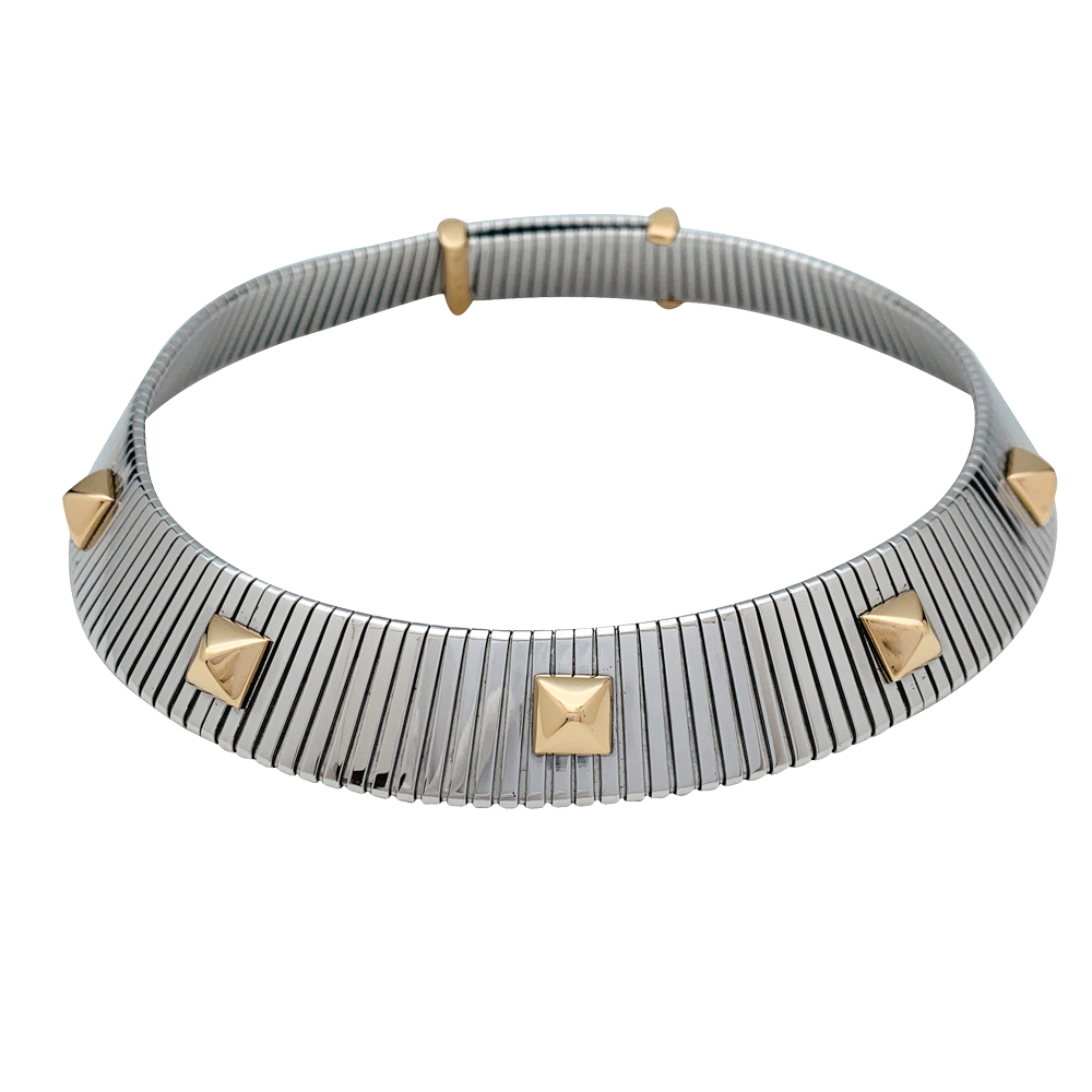 Stainless steel and yellow gold Bulgari tubogas necklace. 115 grams