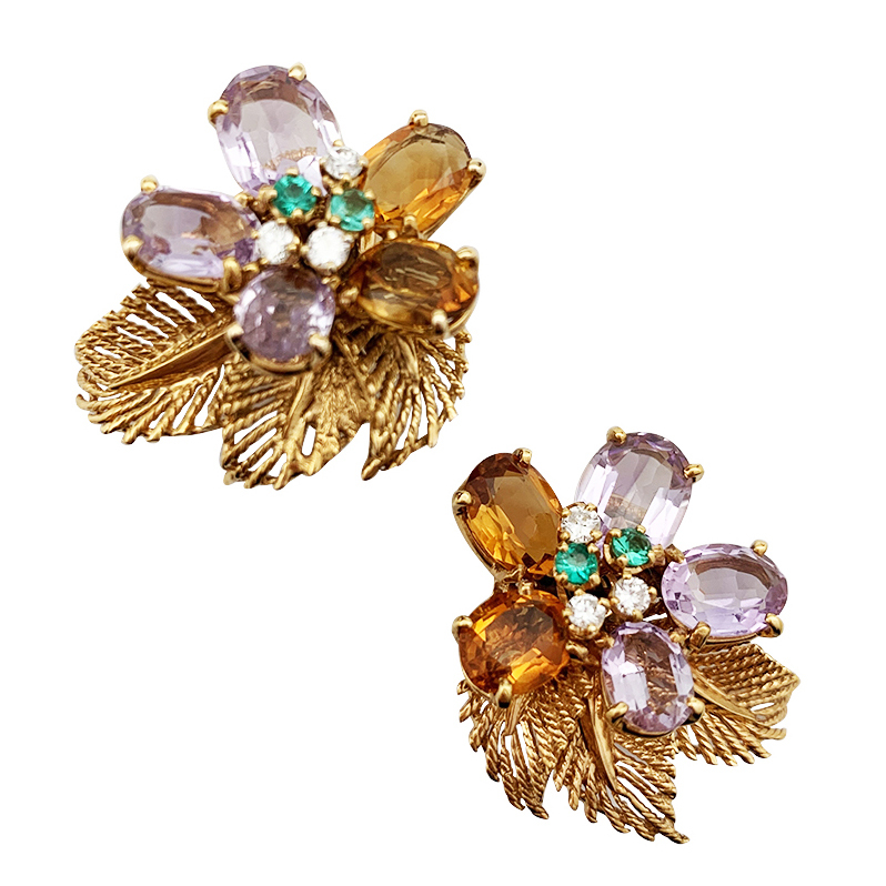 Platinum and Yellow gold Boucheron earrings, multicolored gems Bouquet.