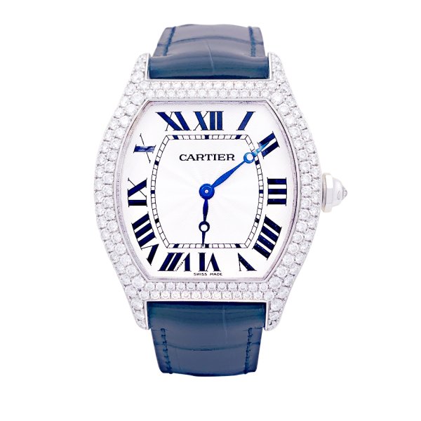 Montre Cartier, "Tortue", en or blanc, diamants.