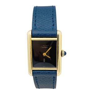 Cartier "Tank Must" gold-plated silver watch, black lacquered dial