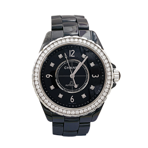 Chanel black ceramic and diamonds  watch, "J12" collection.