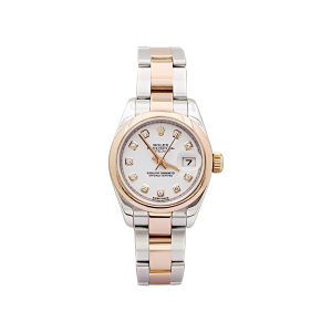 Montre Rolex, "Oyster Perpetual Datejust", or rose, acier, diamants.