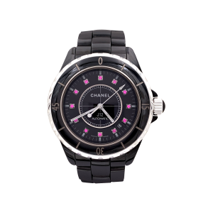 Montre Chanel, "J12", céramique noire, rubis, acier.