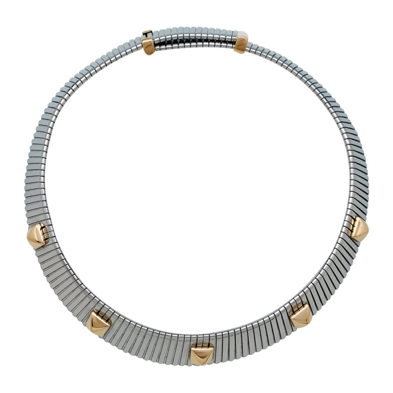 Stainless steel and yellow gold Bulgari tubogas necklace. 115 grams