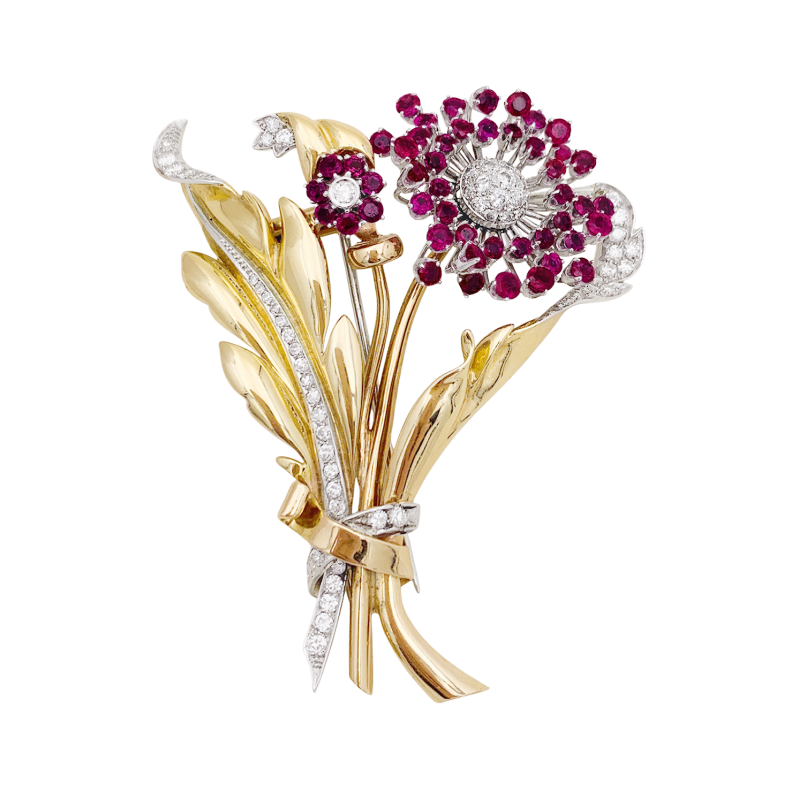 Broche "Fleurs" or, diamants, saphirs roses.