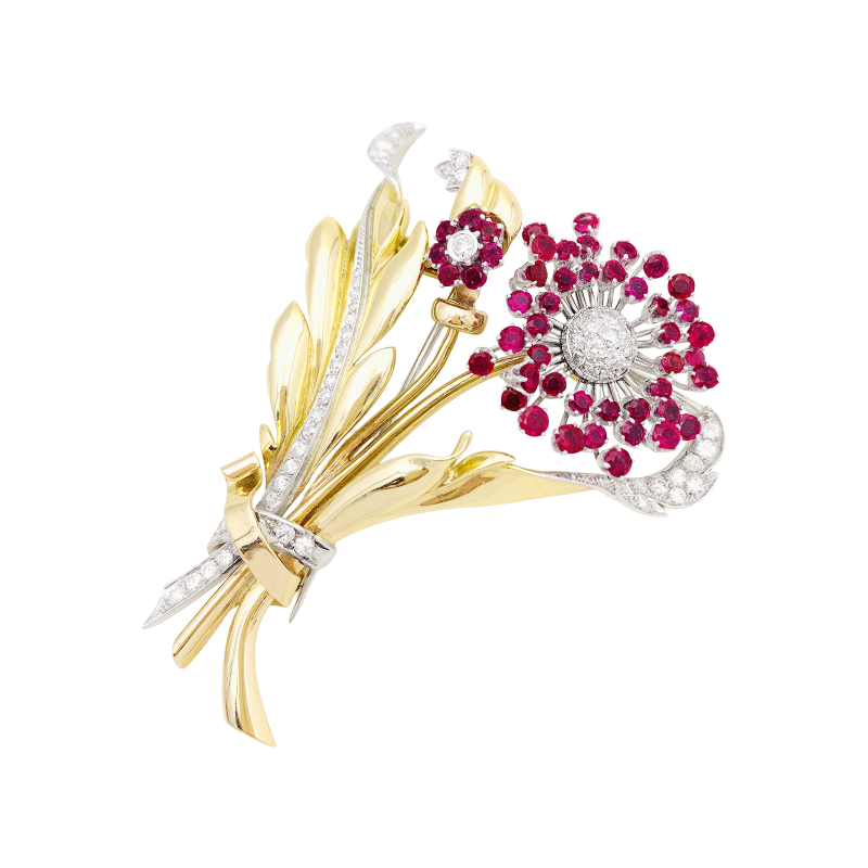 Broche "Fleurs" or, diamants, saphirs roses.