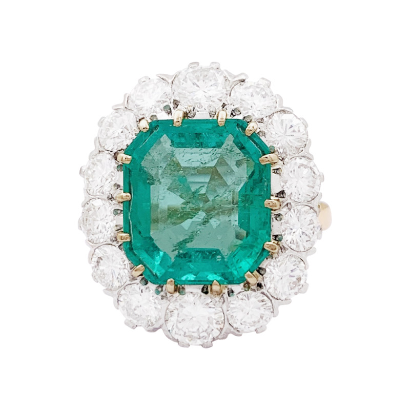 Pompadour platinum, gold, emeralds and diamonds ring.