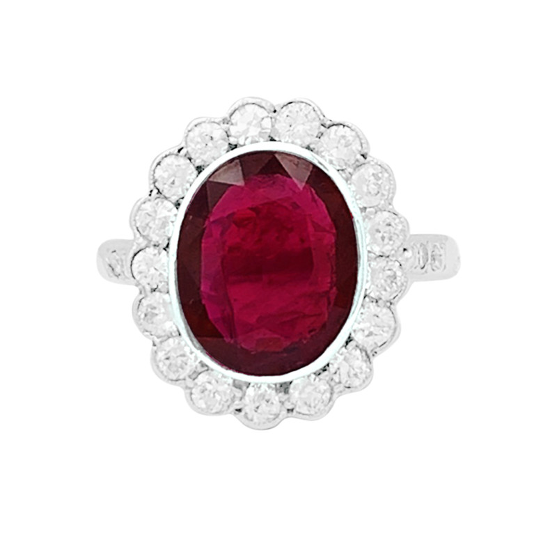 Bague Pompadour rubis, platine, or blanc, diamants.