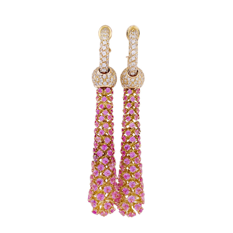 Boucles d'oreilles souples, or jaune, diamants, saphirs roses.