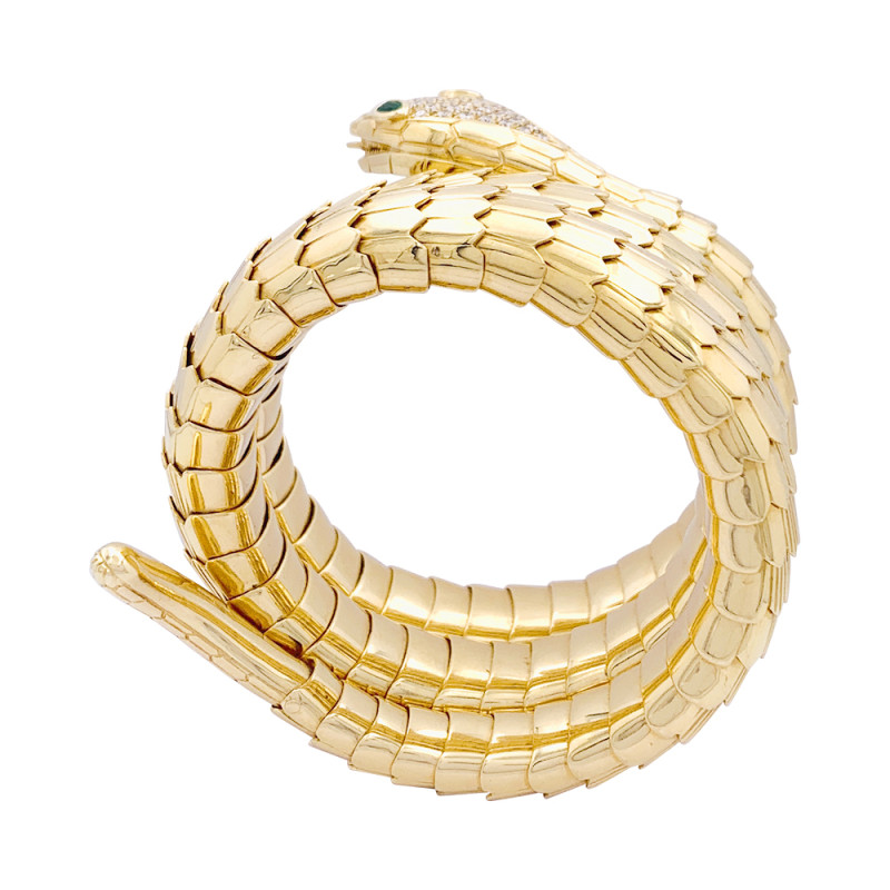 Illario gold, diamonds and emeralds, "Snake" bracelet.