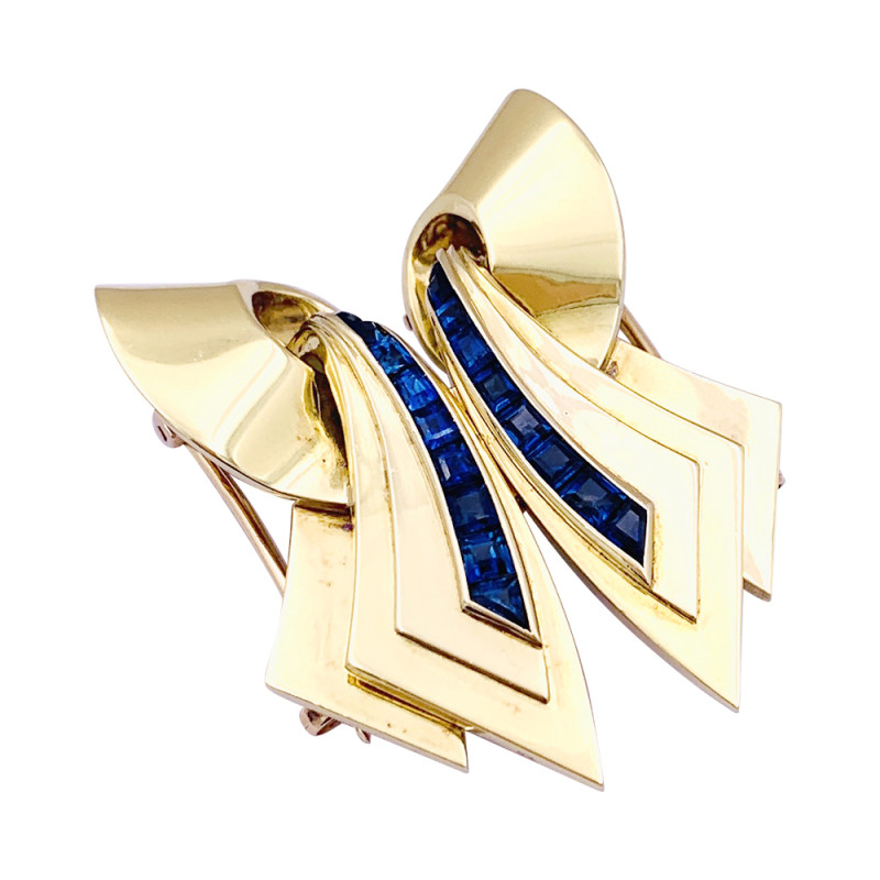 Broche vintage "Ruban" double clips or rose, pierres bleues.