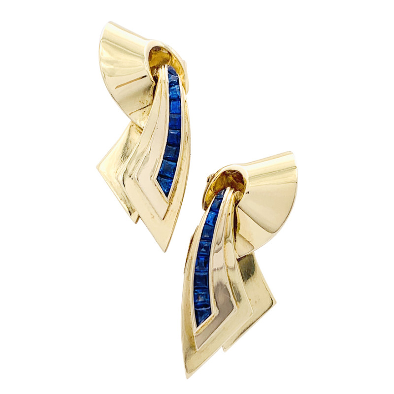 Broche vintage "Ruban" double clips or rose, pierres bleues.