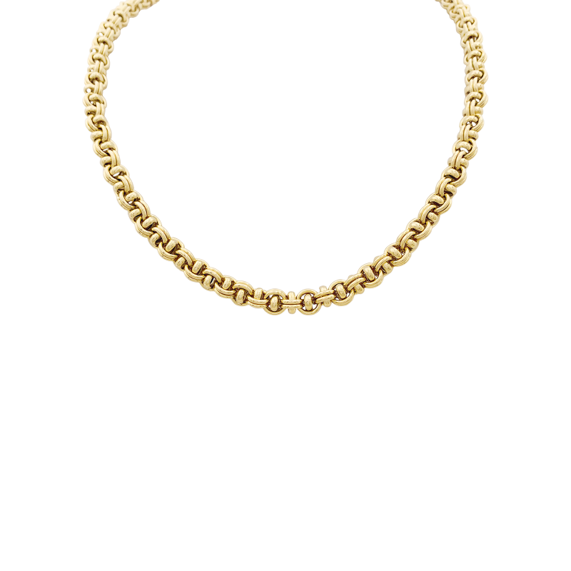 Yellow gold fancy links necklace.