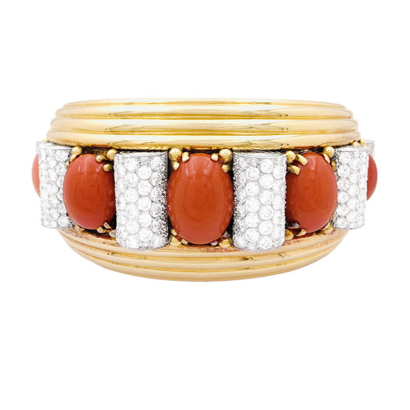 René Boivin yellow gold, platinum, diamonds and coral "Bobinettes" cuff.