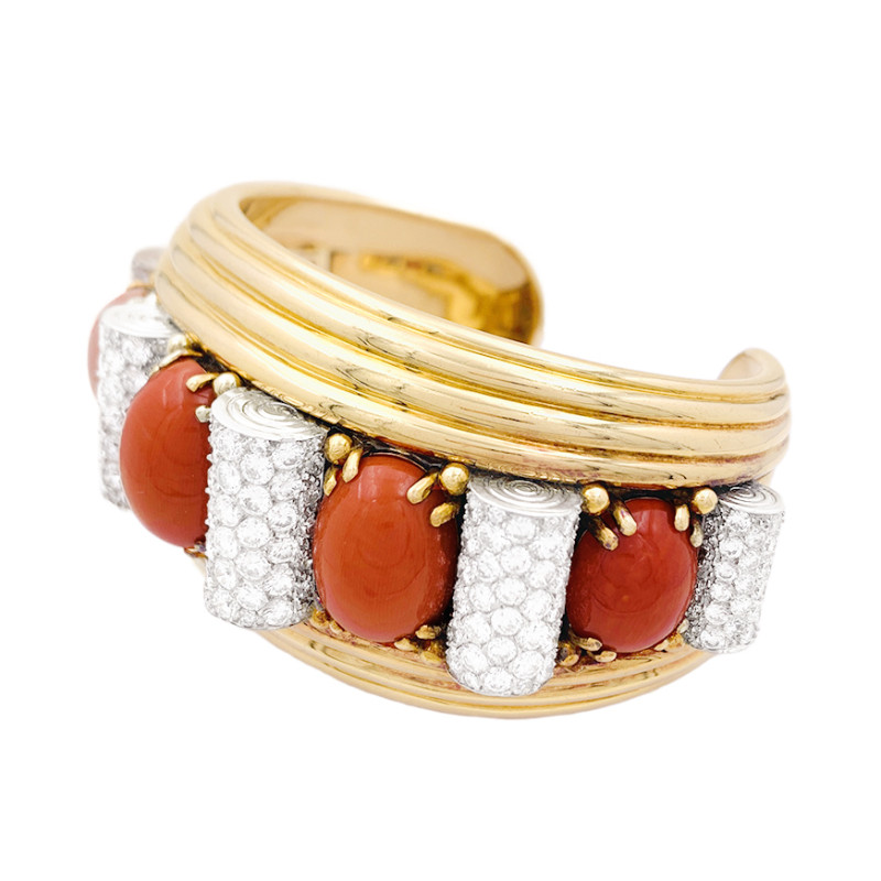 René Boivin yellow gold, platinum, diamonds and coral "Bobinettes" cuff.