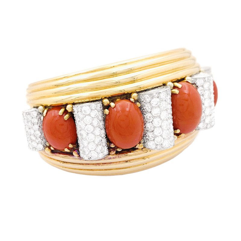 René Boivin yellow gold, platinum, diamonds and coral "Bobinettes" cuff.