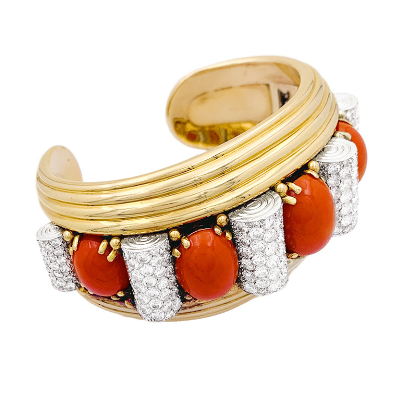 René Boivin yellow gold, platinum, diamonds and coral "Bobinettes" cuff.