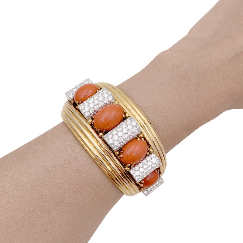 René Boivin yellow gold, platinum, diamonds and coral "Bobinettes" cuff.