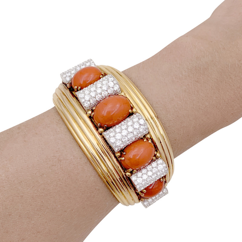 René Boivin yellow gold, platinum, diamonds and coral "Bobinettes" cuff.