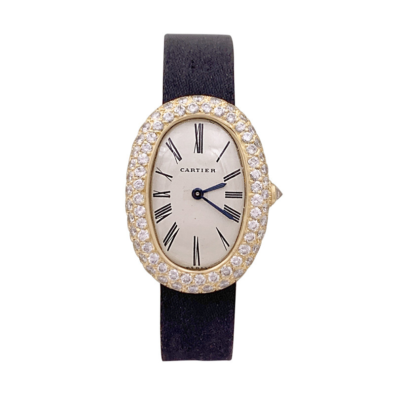 Montre Cartier, "Baignoire", or jaune, diamants.