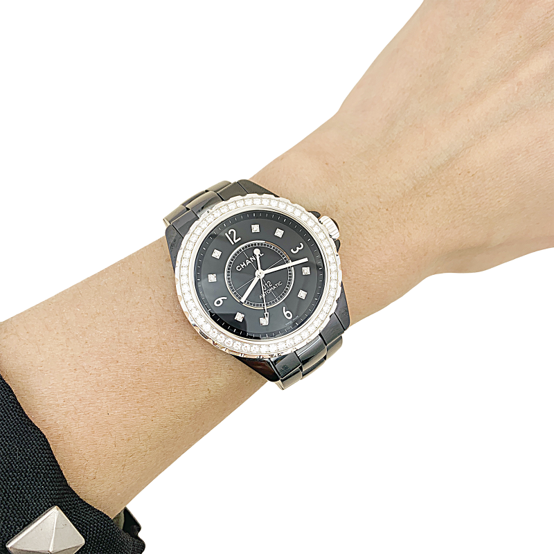 Chanel black ceramic and diamonds  watch, "J12" collection.