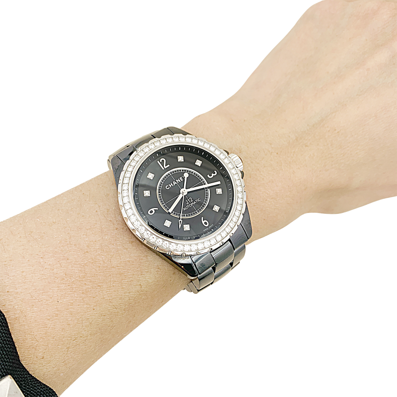 Chanel black ceramic and diamonds  watch, "J12" collection.