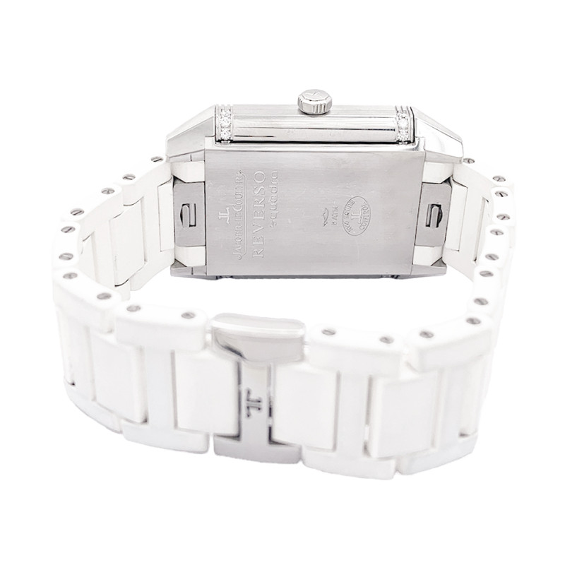 Montre Jaeger Lecoultre "Reverso Squadra", acier, diamants, caoutchouc.