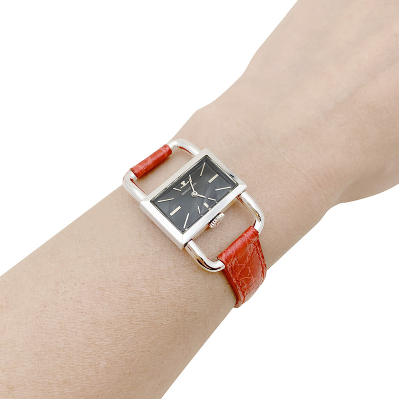 Jaeger Lecoultre & Hermès steel watch, "Etrier" collection, leather bracelet.