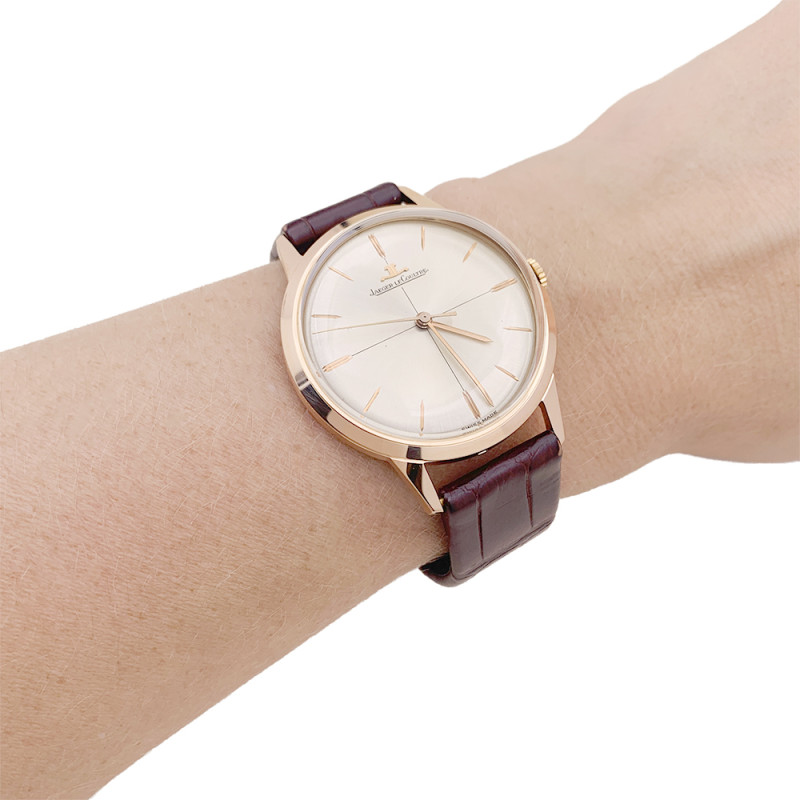 Jaeger Lecoultre pink gold watch, leather strap.