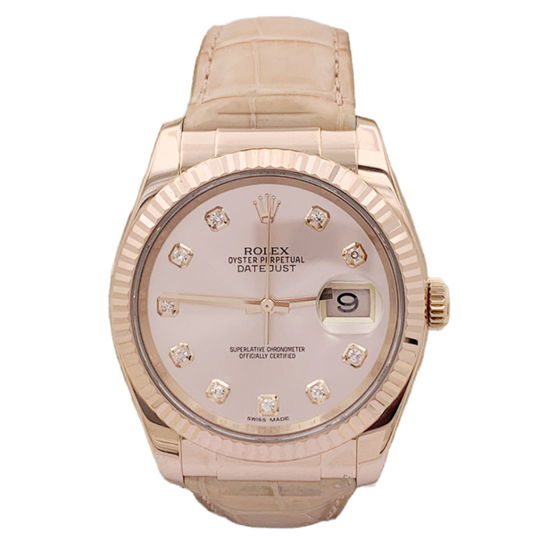 Montre Rolex "Datejust" or rose, diamants, cuir.