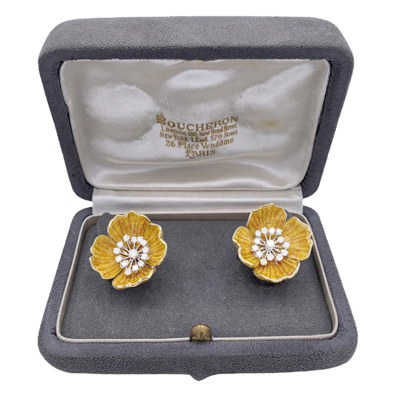 Boucheron gold and platinum earrings, "Eglantine" collection.