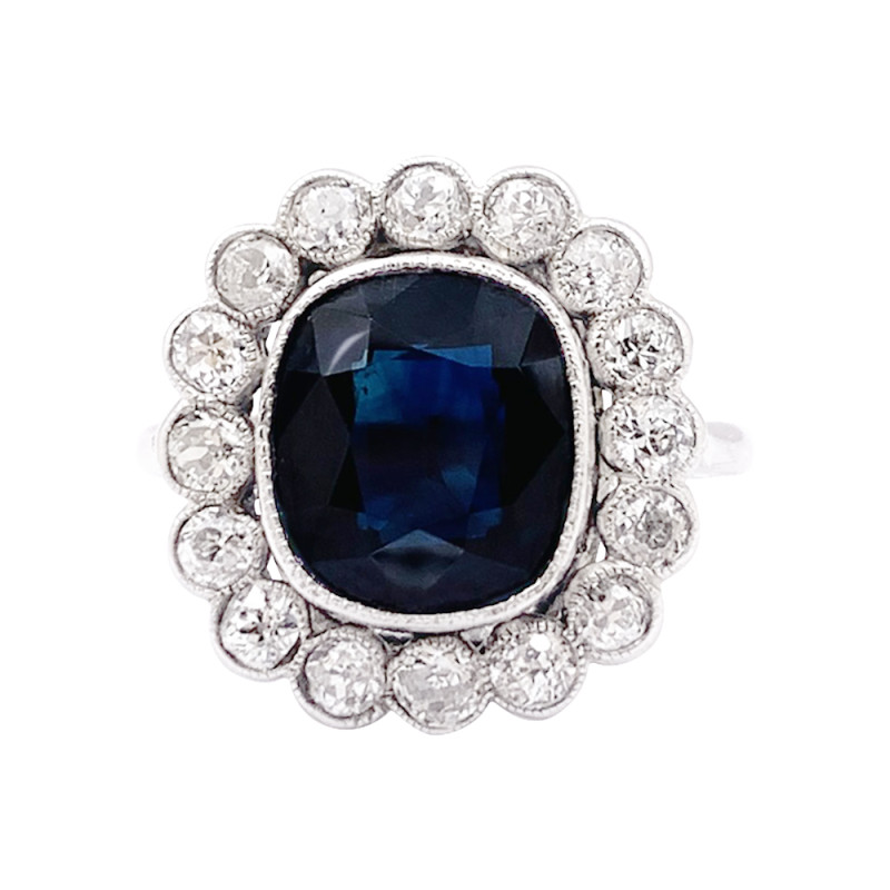 Platinum, diamonds and sapphire ring.