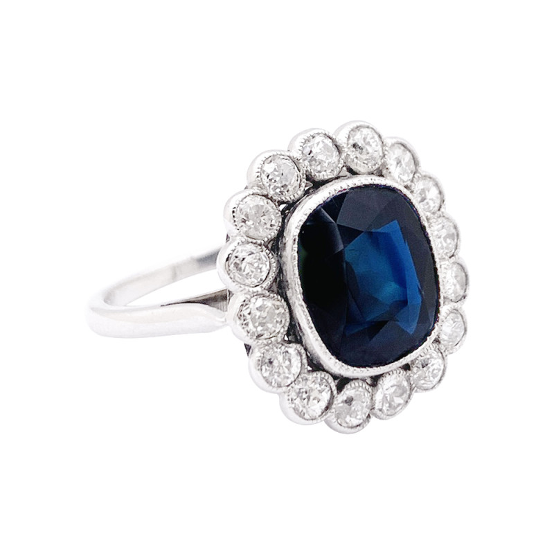 Platinum, diamonds and sapphire ring.