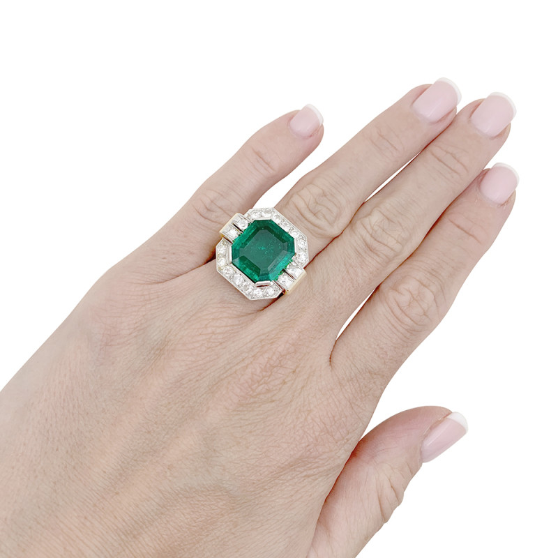 Vintage emerald, platinum, gold and diamonds ring.