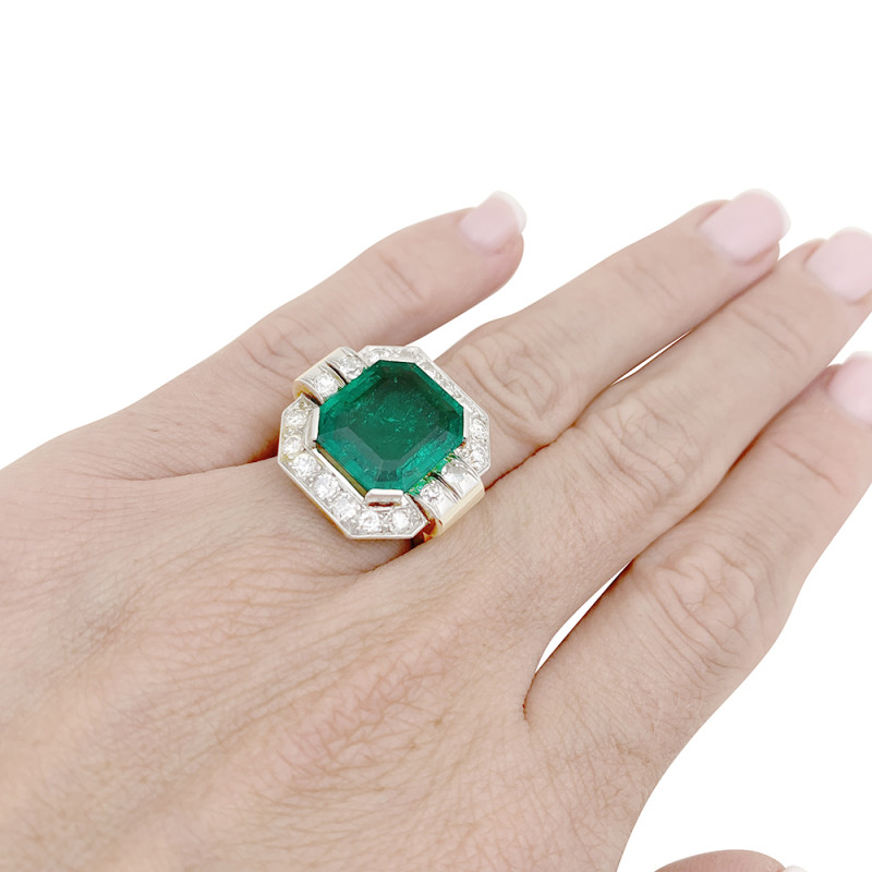 Vintage emerald, platinum, gold and diamonds ring.