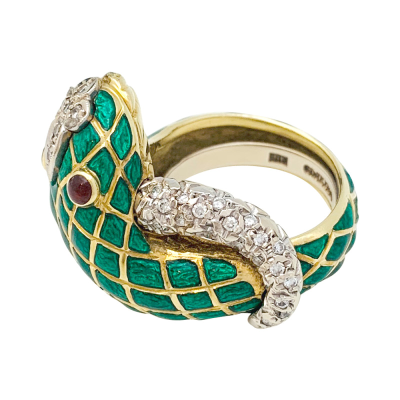 Two golds David Webb snake ring, enamel, diamonds and rubies. 1950