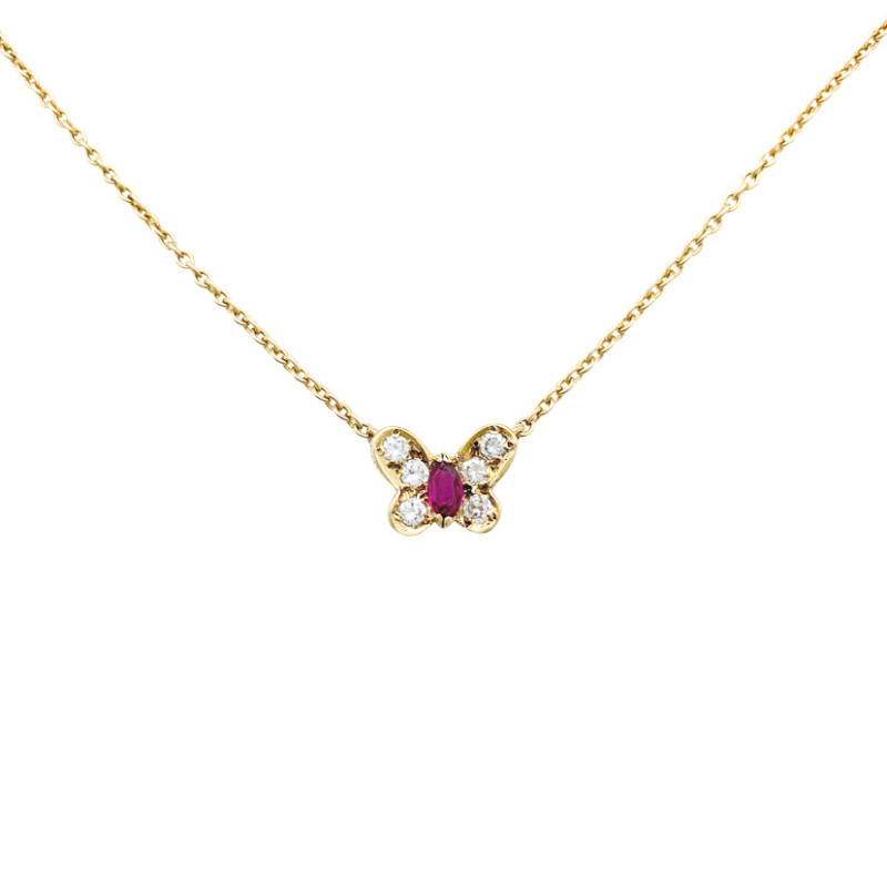 Yellow gold Van Cleef and Arpels butterfly necklace, diamonds and ruby ...