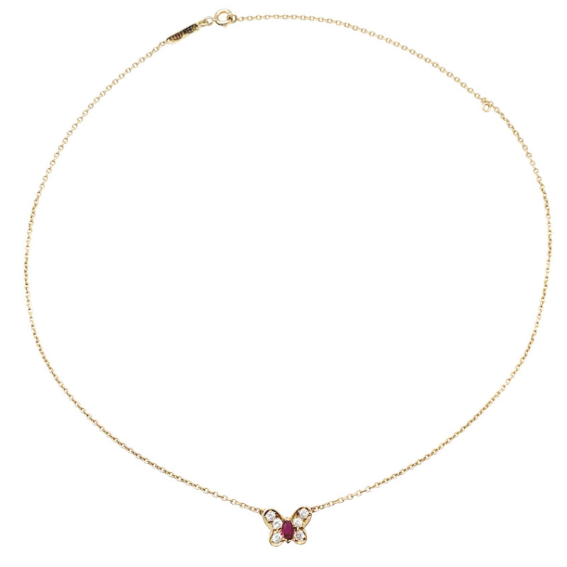 Yellow gold Van Cleef and Arpels butterfly necklace, diamonds and ruby ...