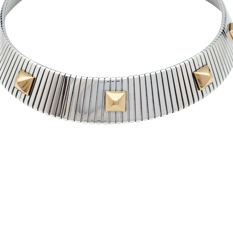 Stainless steel and yellow gold Bulgari tubogas necklace. 115 grams