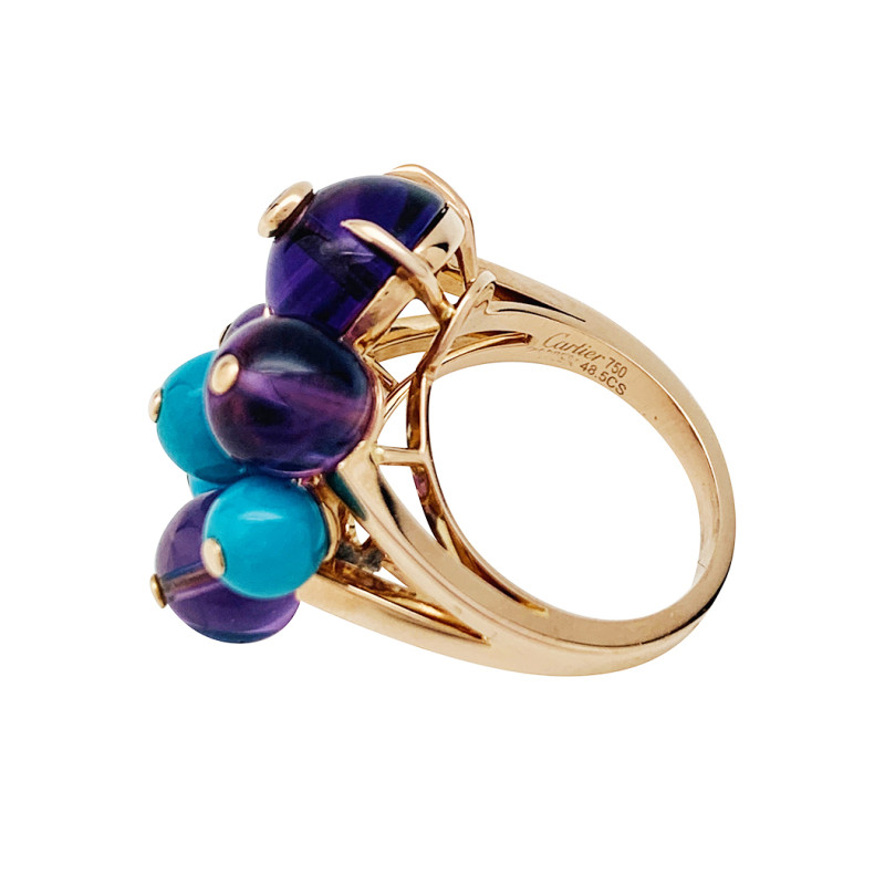 Cartier amethysts, turquoises and diamond rose gold ring ,