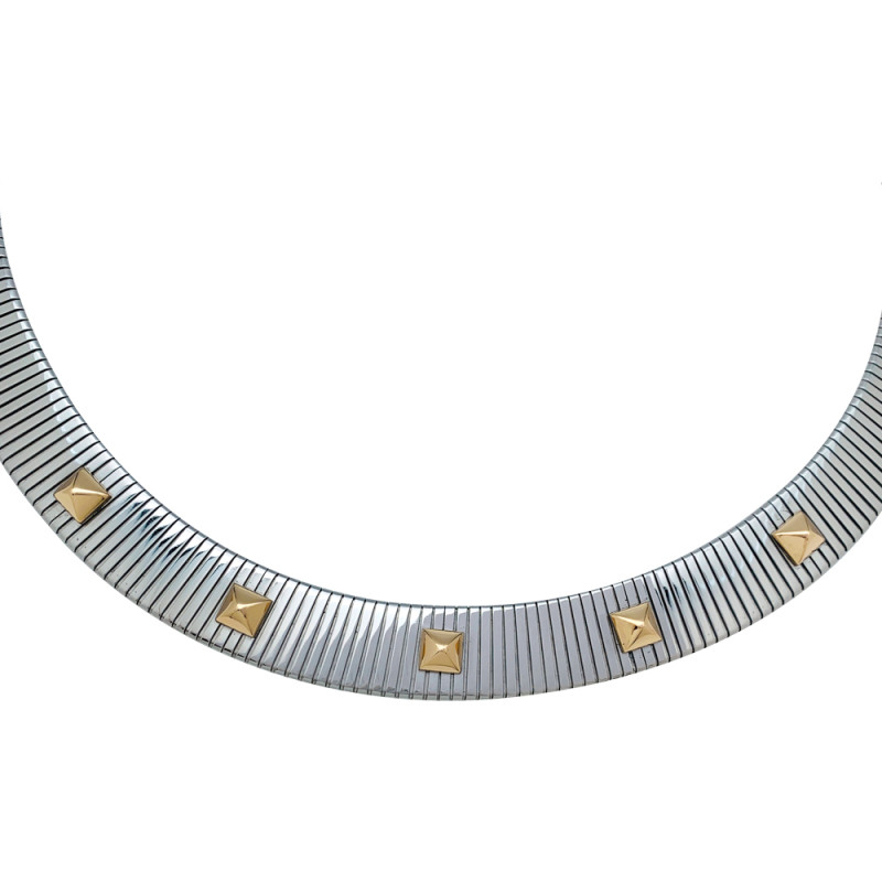 Stainless steel and yellow gold Bulgari tubogas necklace. 115 grams